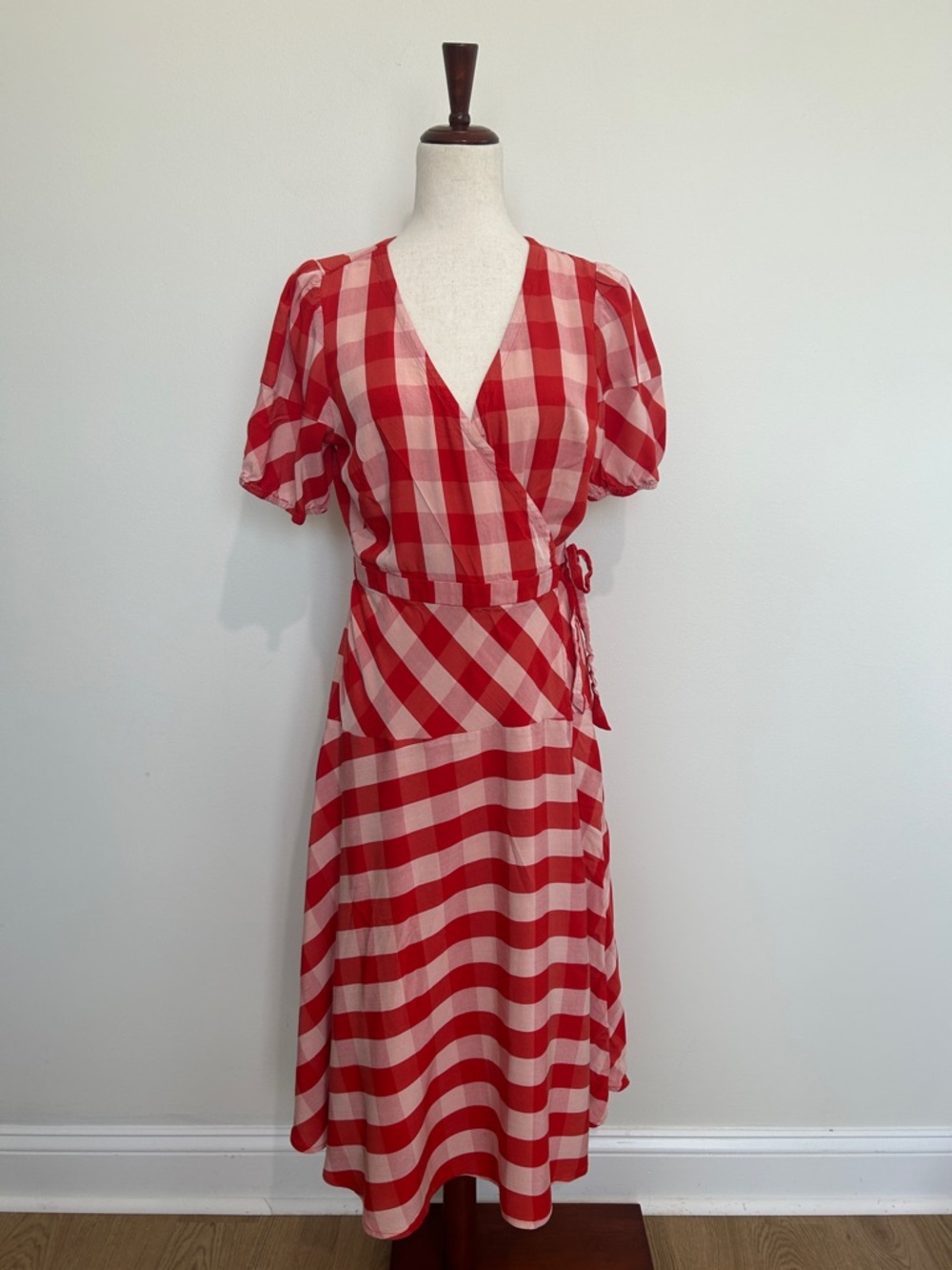 LOFT Red and Cream Gingham Midi Wrap Dress - Picture 3 of 7